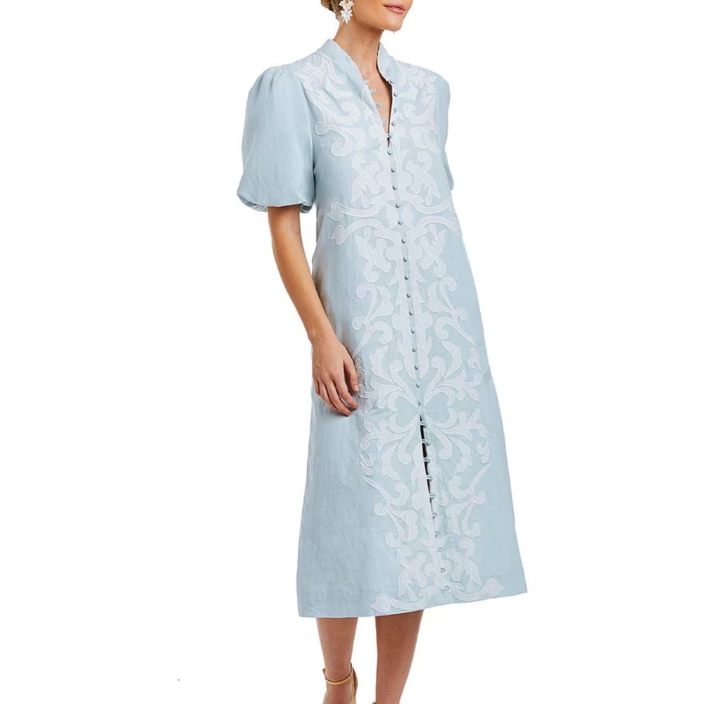 Elliana Collar puff Sleeve Light Blue Embroidered Midi Dress
